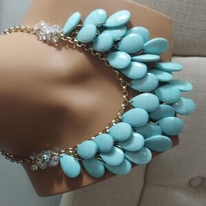Vintage Blue Teardrop Bib Crystal Statement Chunky Chandelier Drop Link Necklace